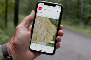 A person holding up a smartphone with a map on it photo