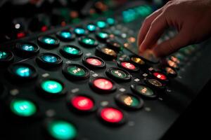 A person is touching a control panel with many buttons photo