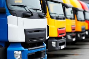 A row of trucks parked in a parking lot photo