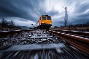 A train is traveling down the tracks on a cloudy day photo