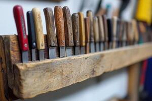 A wooden shelf with many different types of knives photo