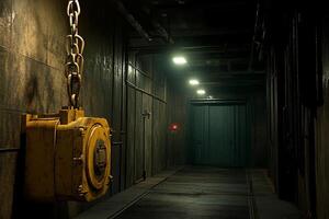 A yellow box with a chain attached to it photo