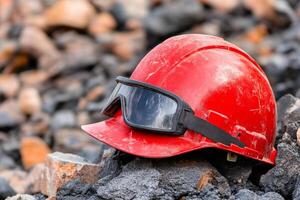 A red hard hat and goggles on top of a pile of coal photo