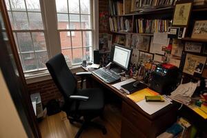 A desk with a computer and a chair in front of a window photo