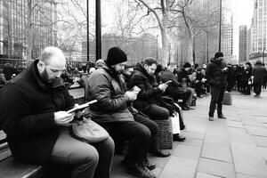 A group of people sitting on a bench looking at their phones photo