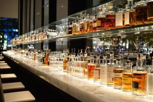 A bar with many bottles of alcohol on the shelves photo