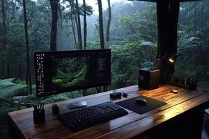 A computer desk with a monitor and keyboard in the middle of a forest photo