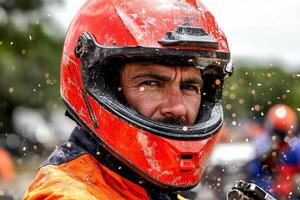 A man wearing a helmet and a red jacket photo