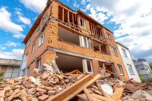 A building is being demolished by a pile of rubble photo