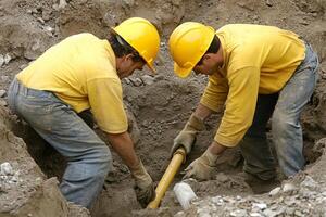 Two men in yellow hard hats working in a hole photo