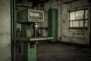 An old machine sits in a room with green walls photo