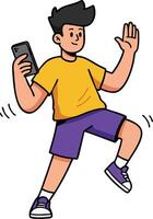 Boy dancing with smartphone in casual clothes illustration in dynamic pose with purple shoes and yellow shirt vector