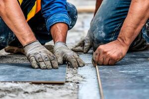 Two men are laying concrete on a floor photo