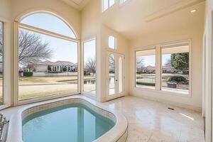 A large bathroom with a large tub and windows photo