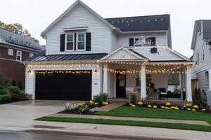 A home with a garage and lights strung across the front photo