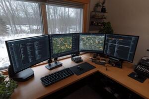 A desk with three computer monitors and a keyboard photo