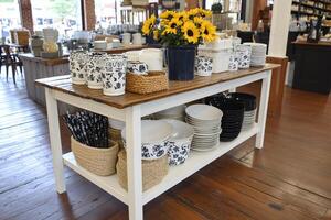 A table with dishes and sunflowers on it photo