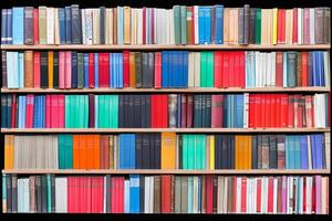 A large book shelf with many different colored books photo