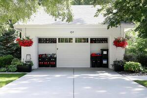 A garage with a large white door and a large basket of flowers photo