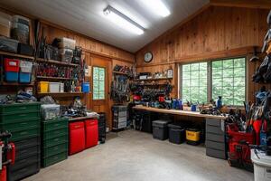 A garage with many tools and other items in it photo