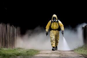 A man in a yellow suit and gas mask spraying a path photo