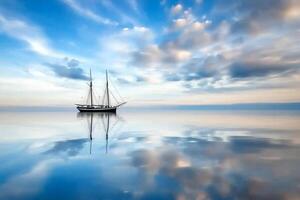 A sailboat is reflected in the water under a blue sky photo