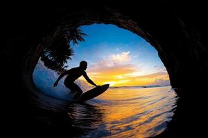 A surfer riding a wave in a tunnel photo