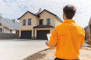A man in an orange shirt is standing in front of a house photo