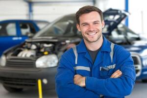 A smiling man in a blue uniform standing in front of a car photo