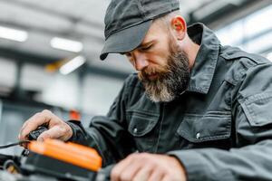 A man with a beard and hat working on a car photo