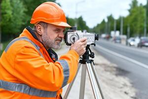 A man in an orange safety vest is taking a photo with a camera