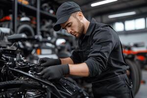 A man in a black shirt and hat working on a motorcycle photo