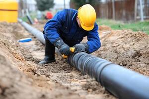 A man in blue overalls working on a pipe photo