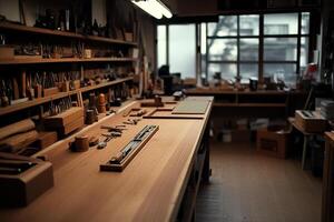 A woodworking shop with many tools on the counter photo