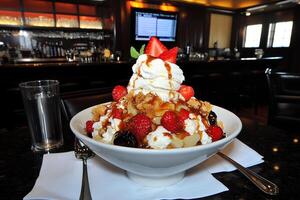 A bowl of ice cream with strawberries and whipped cream photo