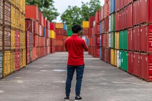 A man standing in front of a large container stack photo