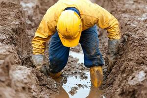 A man in yellow hard hat and yellow boots is digging in the mud photo