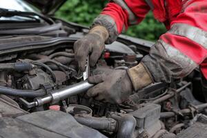 A man in red gloves is working on a car engine photo