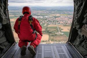 A man in a red suit sitting on the floor of a plane photo