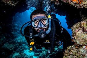 A man in a scuba suit and mask is looking through a hole photo
