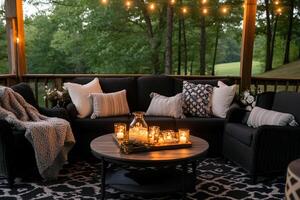 Outdoor patio with string lights and candles photo