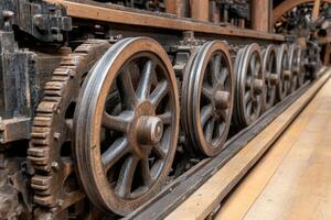 The wheels of an old steam engine are shown photo