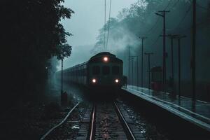 A train is traveling down the tracks in the rain photo