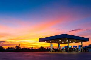A gas station at sunset with a colorful sky photo