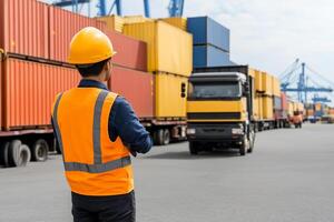 A man in an orange vest and hard hat standing in front of a truck photo