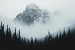 A mountain covered in fog with trees in the foreground photo