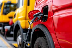 A line of trucks with gas pumps and a hose photo