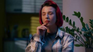 Pensive thoughtful doubtful Caucasian woman thinking female at home girl ponder brainstorming unsure hesitate lady solution indoors decision difficulty think problem contemplation dreaming inspiration video