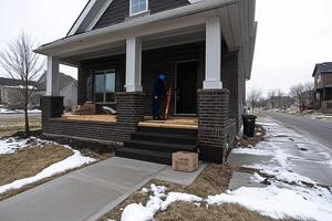 A man is standing on the porch of a house photo