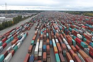 An aerial view of a large container yard photo